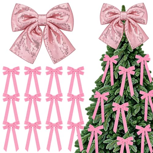 Pink Velvet Christmas Tree Bow Set with Sequin Topper - Holiday Decor