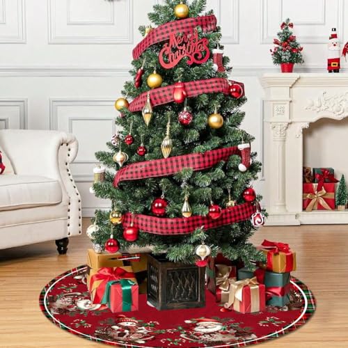 RABUSOFA 48-Inch Christmas Tree Skirt Snowman Santa Decoration (Red) for Home