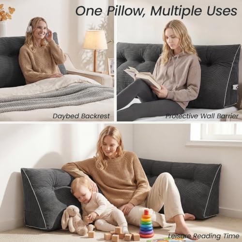 Queen Wedge Headboard Pillow - Dark Grey Backrest Cushion with Side Pockets