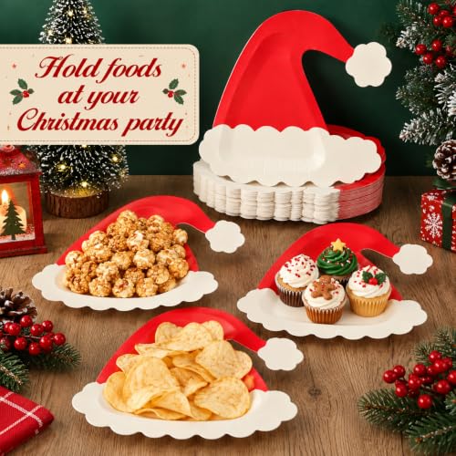 50PCS Christmas Santa Hat Paper Plates - Red Holiday Disposable Tableware