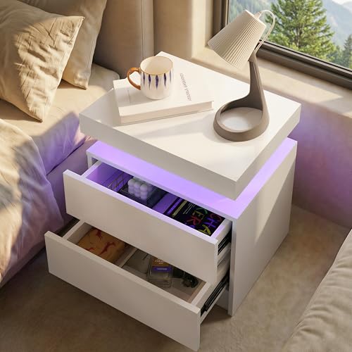 Modern White 2-Drawer Nightstand Set with App-Controlled RGB LED Lights