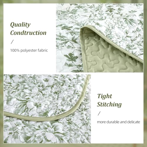 WONGS BEDDING Sage Green Botanical Floral King Quilt Set - 3-Piece Bedspread