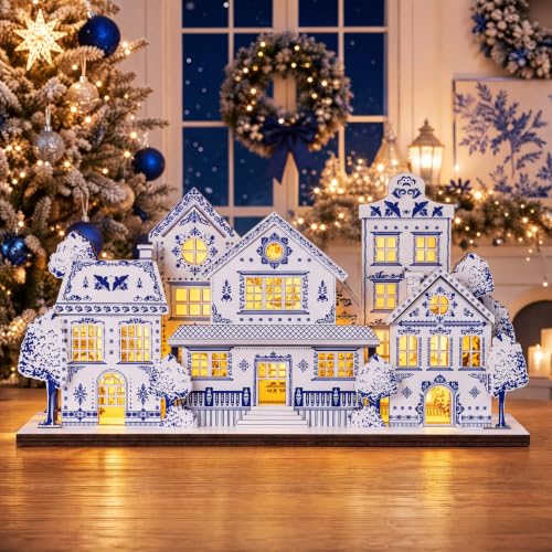 Tondiamo Lighted Chinoiserie Blue & White Christmas Village House Centerpiece