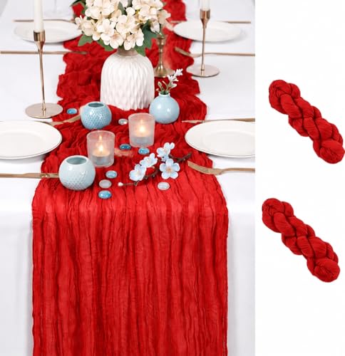 GRYSERIN 2-Pack Red Cheesecloth Table Runner 17x108in | Gauze Linen Strap Wedding Rustic