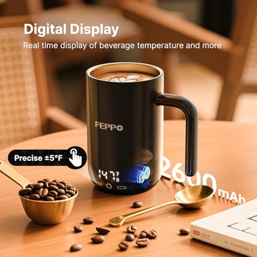 FEPPO Black 16oz Heated Coffee Mug Warmer with Titanium Coating & Digital Display