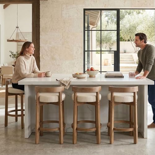 Mid-Century Linen Counter Stools, 26.5" Seat Height Bar Stools Set of 3