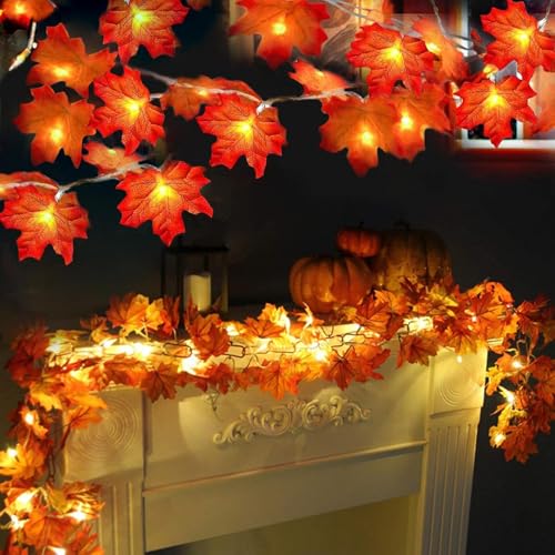 TURNMEON Fall Garland with Lights 20Ft 40LED Maple Leaves Autumn Decor