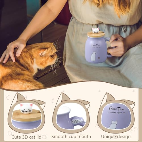 FoldTier Set of 2 Ceramic Cat Mug and Ramen Bowl with Lids - Purple & Gray