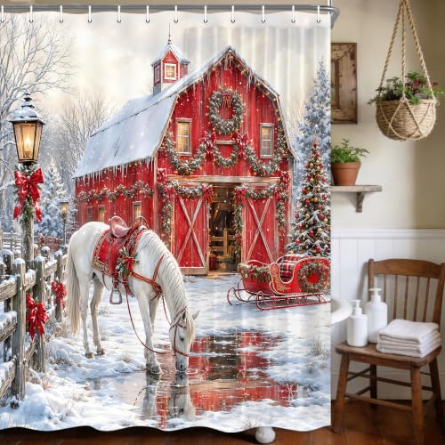 Farmhouse Christmas Shower Curtain Red Barn & White Horse - 72x72 Inch