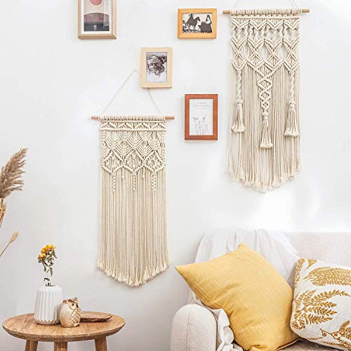 Boho Macrame Wall Hanging Set of 2 - Hand-Woven Ivory Cotton Tapestry Decor