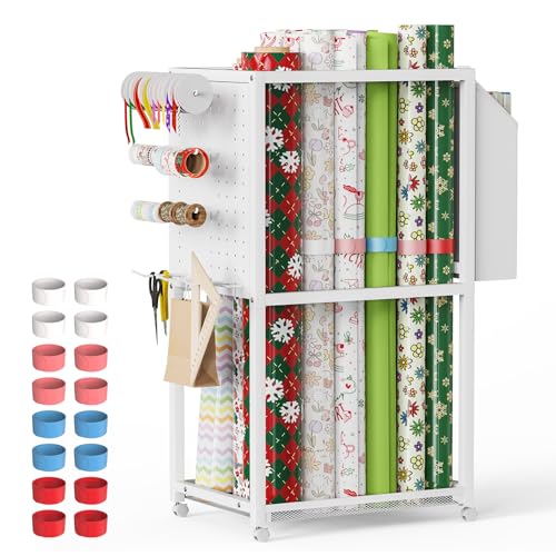 Rolling Metal Wrapping Paper Storage Cart with Wheels and 16 Straps
