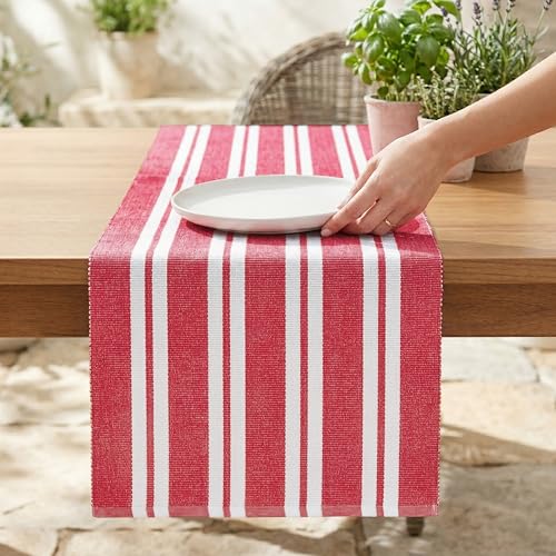 PurpleEssences Red & White Double Stripe Ribbed Cotton Table Runner 14x72