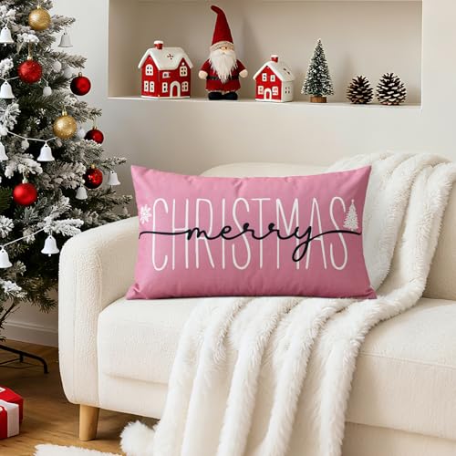 OTOSTAR Christmas Pillow Cover 12x20 Inch Pink Holiday Throw Pillowcase Winter Decor