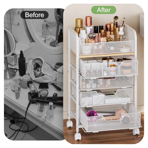 Hongtamoya White 4-Drawer Makeup Cart Organizer with Wheels & Top Display