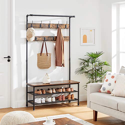 Industrial Hall Tree with Bench, 9 Hooks and 2 Shoe Storage Shelves