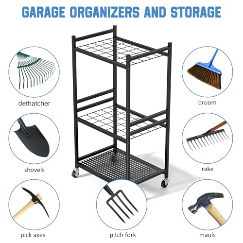 Garden Tool Organizer Rack with Wheels for Garage Storage 35 Slots