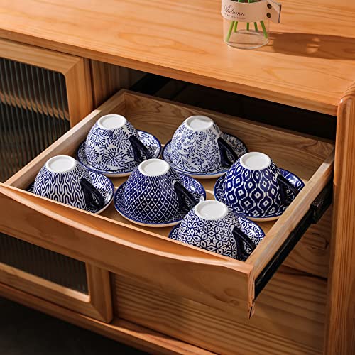 Vintage Blue 8oz Ceramic Cappuccino Cup Set with Saucers - Pack of 6