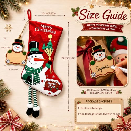4Pack Large 18in Personalized Christmas Stockings with Wooden Name Tags - Red & Green
