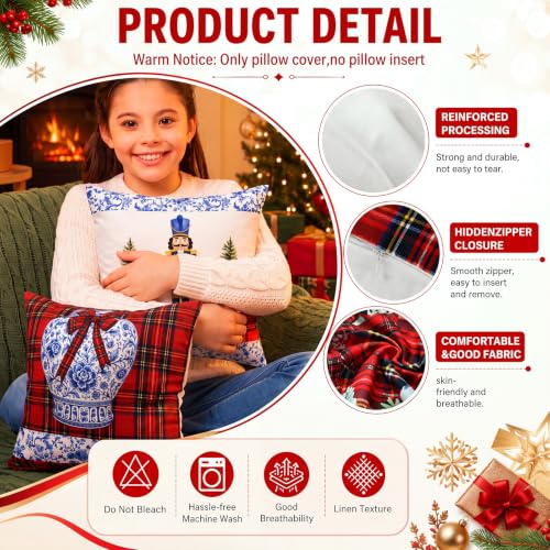 Tingjoo 18x18 Inch Christmas Pillow Covers Set - Tartan Plaid & Chinoiserie Holiday Cushions