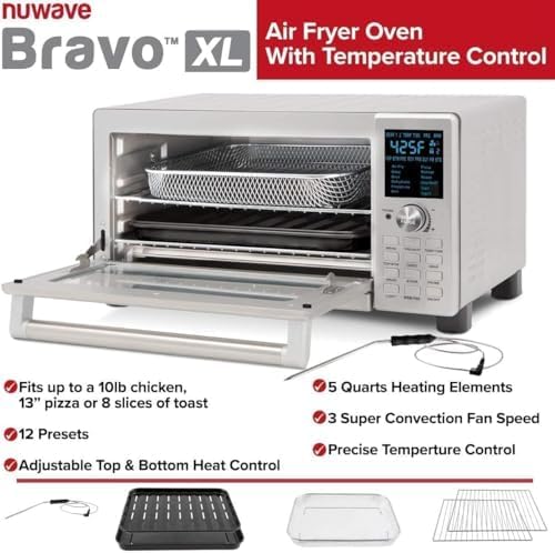 Nuwave Bravo Air Fryer Toaster Oven - 12-in-1 Convection Cooking | 30-QT XL Capacity, Stainless Steel Finish