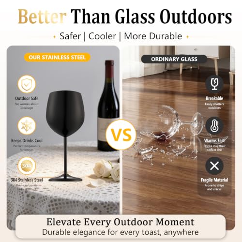 Matte Black Unbreakable Stainless Steel Wine Glasses Set of 4 - Shatterproof & Elegant