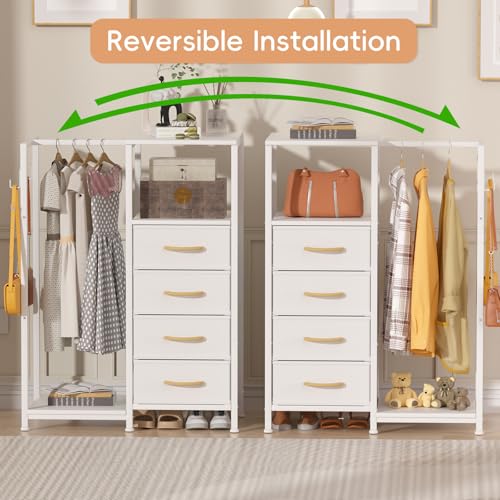 VERONLY White Reversible Bedroom Dresser with Clothes Hanging Rack & 4 Fabric Drawers