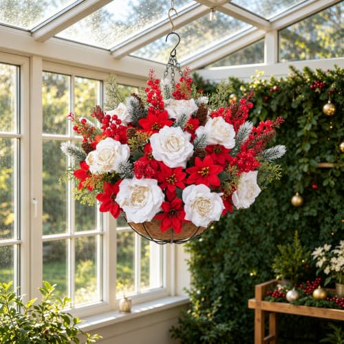 GTIDEA Winter Hanging Basket Christmas Poinsettias Outdoor Decor - Set of 1