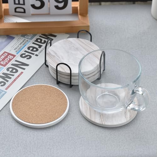 Absorbent Ceramic Drink Coasters Set with Holder - 6 Pack Marble Style