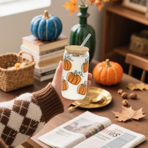 Joyseller 18oz Fall Pumpkin Iced Coffee Glass Cup with Lid & Straw - Orange