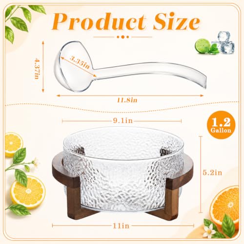 1.2 Gallon Hammered Glass Punch Bowl Set with Acacia Wood Base