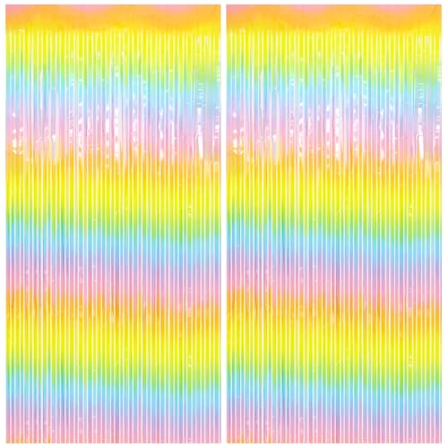 Pastel Rainbow Foil Fringe Backdrop Curtains - 3.2x8.2 ft (2 Pack)