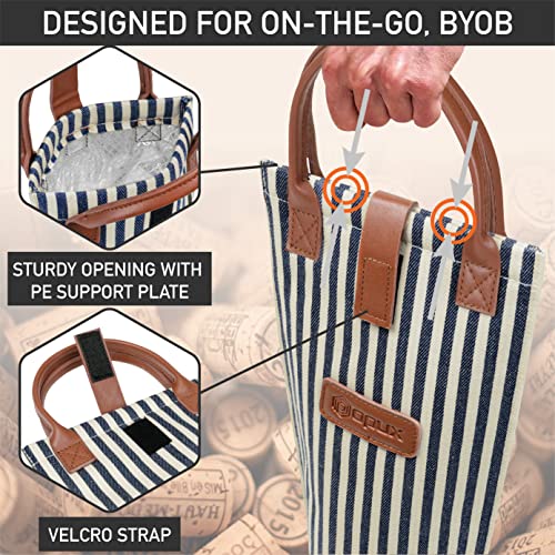 Insulated Single Bottle Wine Bag - Padded Thermal Cooler Tote, Navy Stripe