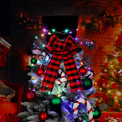 Jetec Christmas Tree Topper Hat Buffalo Plaid Bow with Lights (Black Hat, Red & Black Plaid) for Xmas Tree