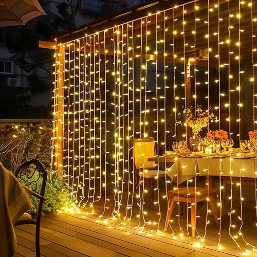 Dazzle Bright 300 LED Warm White Curtain String Lights for Bedroom and Patio Decor