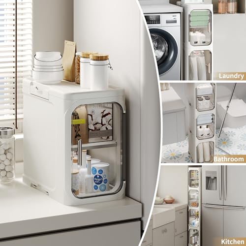Slim Bathroom Storage Cabinet, 2-Tier Rolling Organizer with Clear Doors