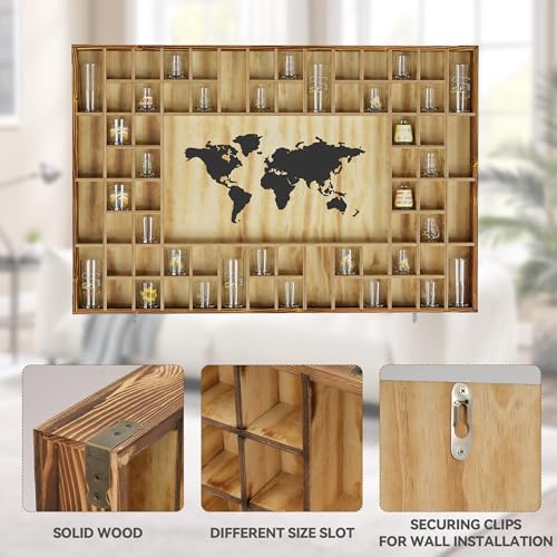 Rustic World Map Shot Glass Display Case - 68-Capacity Wood Wall Shelf