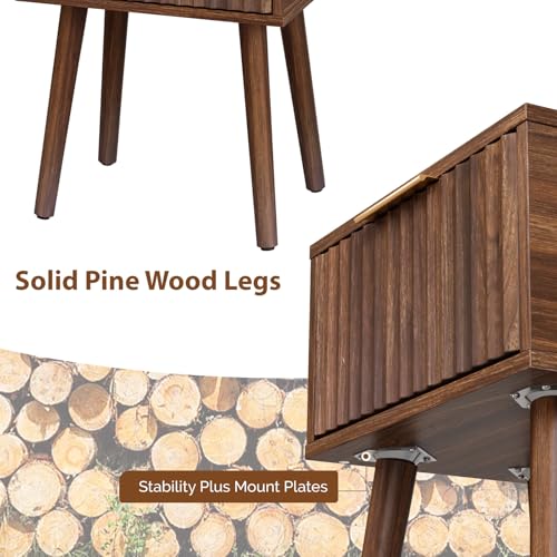 Fluted Nightstand Set of 2, Mid-Century Modern Wood Bedside Tables, Walnut