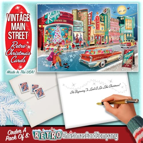 Retro Christmas Card Variety Pack - 8 Nostalgic Holiday Greeting Cards with Envelopes