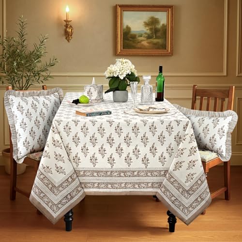 Ridhi Quiet Earth 140x72 Inch Hand Block Print Rectangle Tablecloth - Elegant Cotton Decor