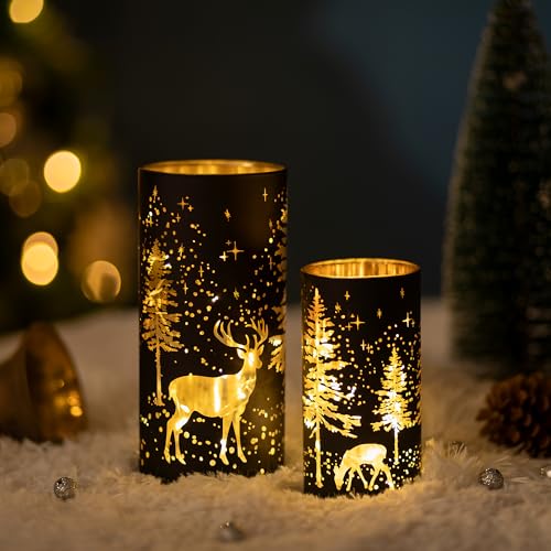 Glasseam Christmas 2-Pc Black Candle Holders Set for Pillar Candles with Moose Forest Pattern (Variation: Christmas)