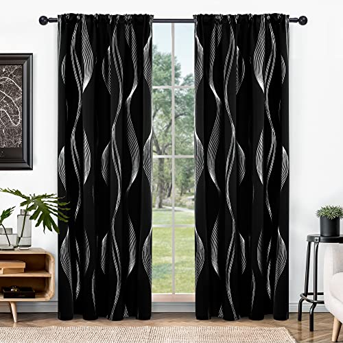 Deconovo Blackout Back Tab Curtains with Geometric Pattern, Room Darkening, Heat Blocking, Energy Saving Drapes for Bedroom, Living Room, 2 Panels, Black, 42W x 84L Inch, Wave Stripe