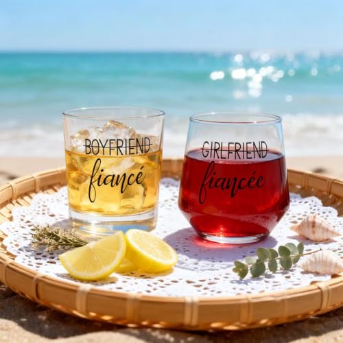 DeeCoo Engagement Gift Set for Couples Whiskey & Wine Glasses - Fiancee & His & Hers Celebration Gift