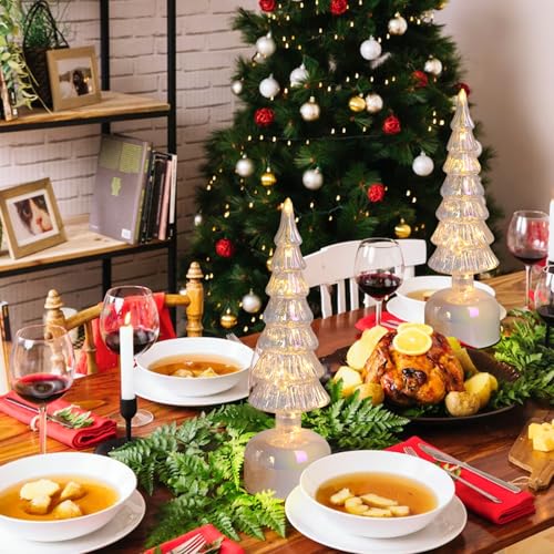 MJ Premier Silver Glass Rotating Christmas Tree with Lights - 3.54in x 11.81in, Battery Operated