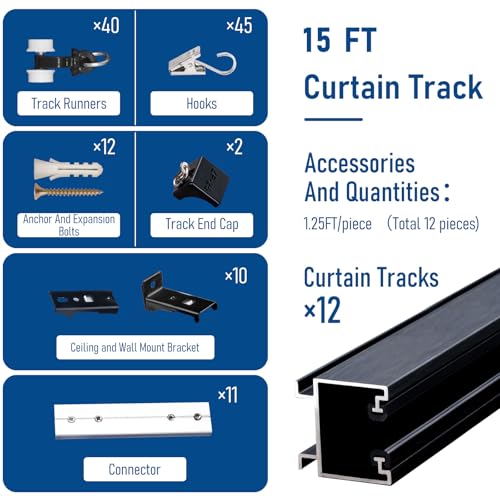 15ft Ceiling or Wall Mount Curtain Track Set - Heavy Duty Aluminum Rail