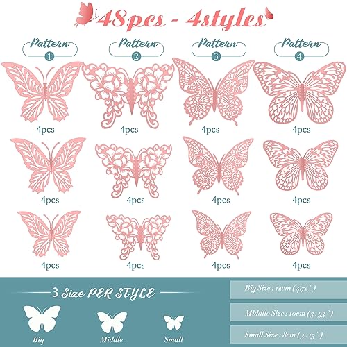 3D Pink Butterfly Wall Decor Stickers - 48 Piece Set for Party & Home