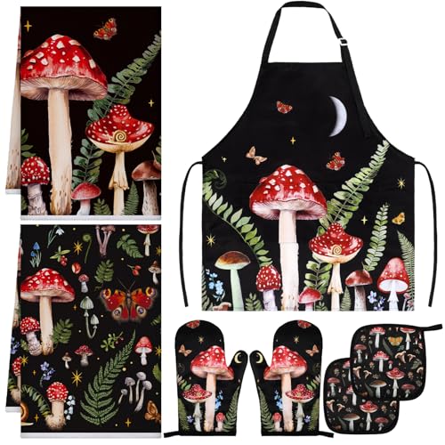 7-Piece Mushroom Kitchen Linen Set with Apron, Towels, and Oven Mitts