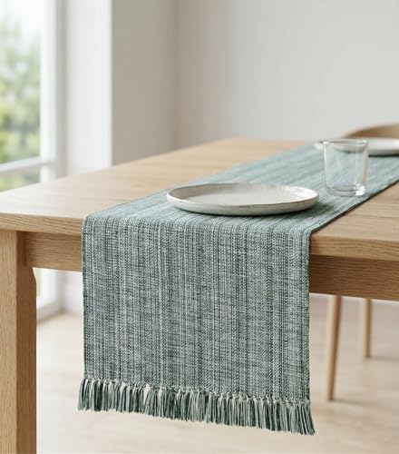 Chambray Table Runner with Fringes - Forest Green & H.White