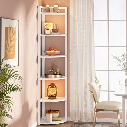 6-Tier Corner Bookshelf, 71-Inch Tall Modern Storage Display Stand (White)