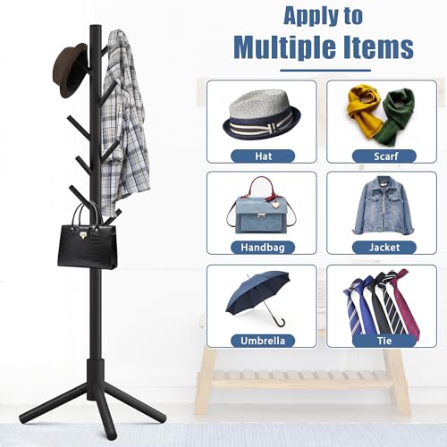 Adjustable Wooden Coat Rack Stand with 8 Hooks, Freestanding Pine Tree