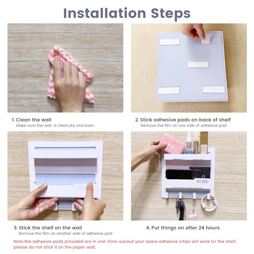 Wall-Mounted Bedside Shelf Organizer with Hooks, Adhesive Floating Caddy